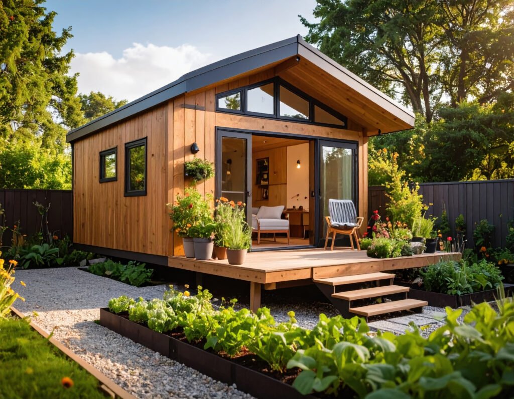 Modern tiny wooden house with large glass doors and windows surrounded by lush garden beds and potted plants, creating peaceful and inviting outdoor living space